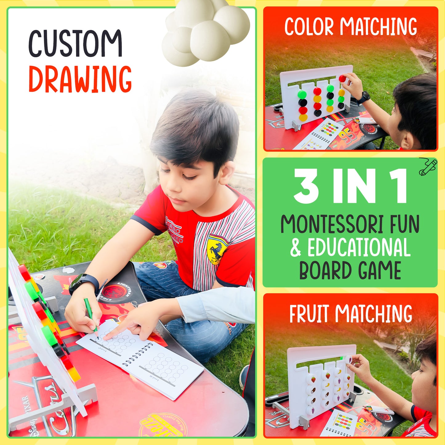 Alilee 3-in-1 Montessori Fun & Educational Board Game. Color Matching, Fruit Matching, Custom Drawing