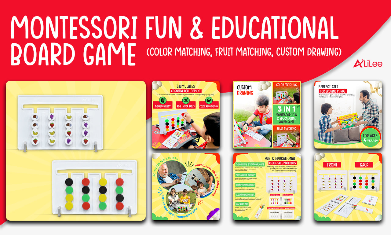 Alilee 3-in-1 Montessori Fun & Educational Board Game. Color Matching, Fruit Matching, Custom Drawing